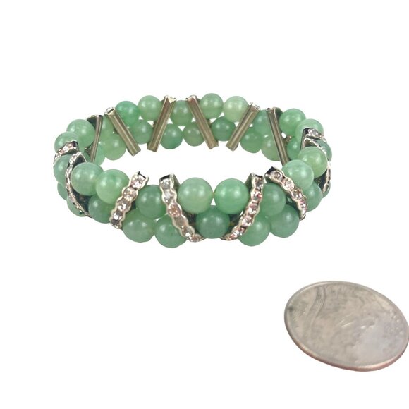 Green Jade Beaded Bracelet With Rhinestone Accents Stretch Fit - Picture 5 of 7